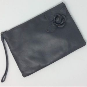 Vintage Gray Leather Clutch Bag w/Decorative Rose